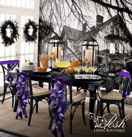Purple & Black Organza Chair Sash Bows/Purple & Black Chair Covers